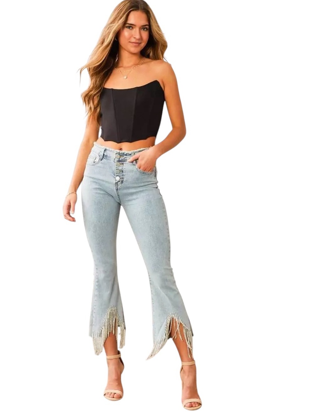 NEW blue b Light Wash Washed Rhinestone Fringe Glam Up Button Fly Stretch Jeans